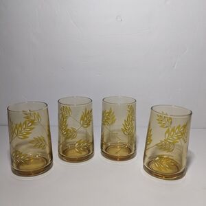 Set of Four Amber Wheat Leaf Pattern Juice Glasses Tumblers